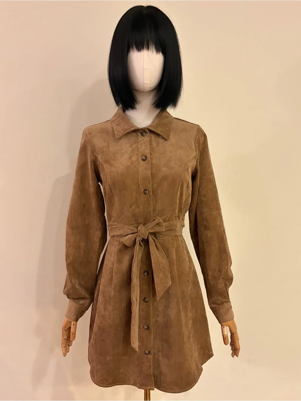 NWT Francesca's Mi Ami Camel Corduroy Belted Shirt Dress M Fits S Brown Mini
